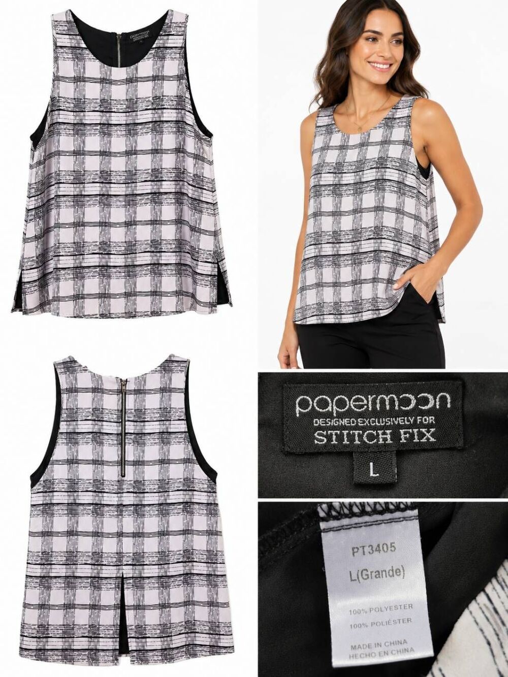 Papermoon Stitch Fix Plaid Zip Back Blouse Sleeveless L